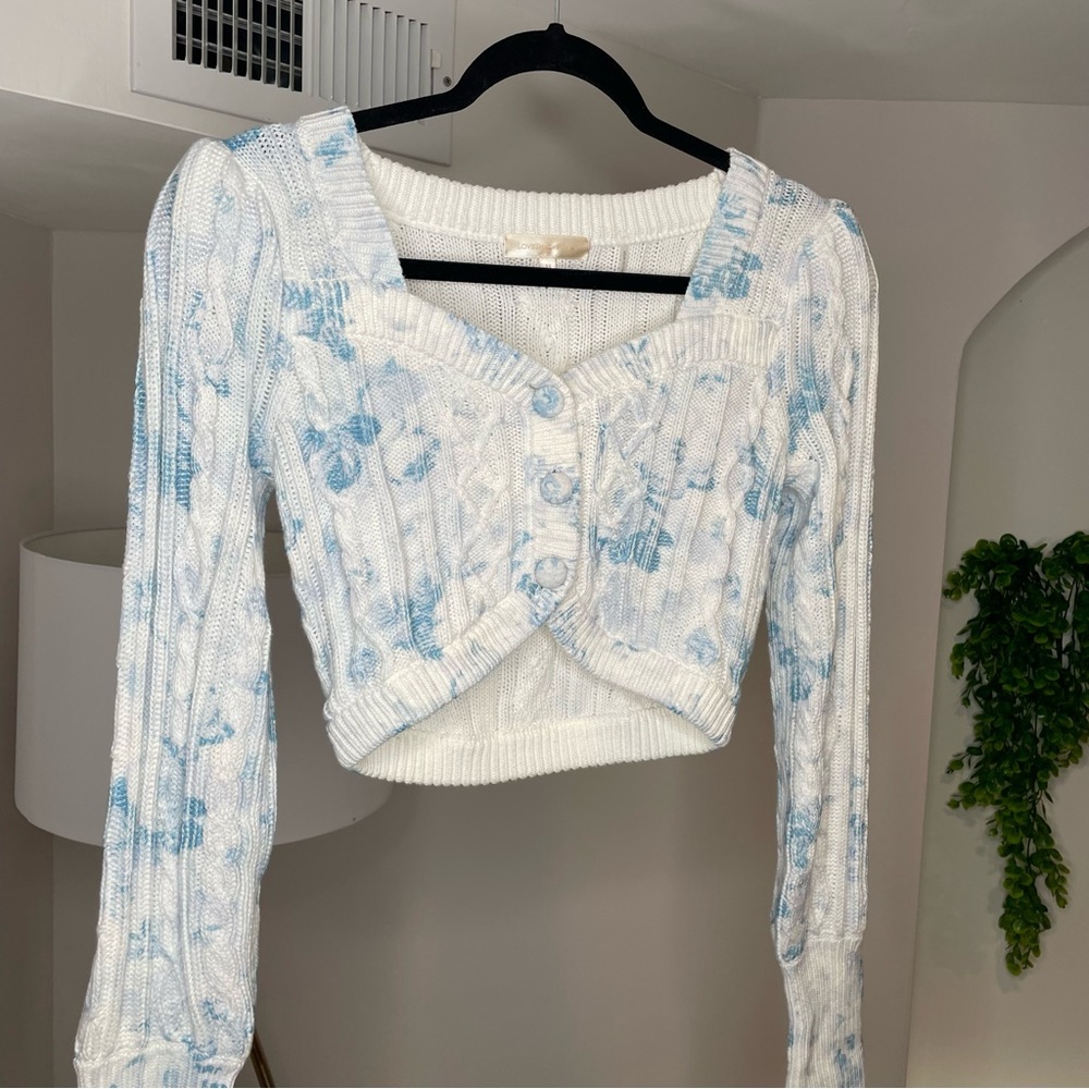 LoveShackFancy Cropped Floral Print V Neck Sweater Cream and Blue Knit Cardigan